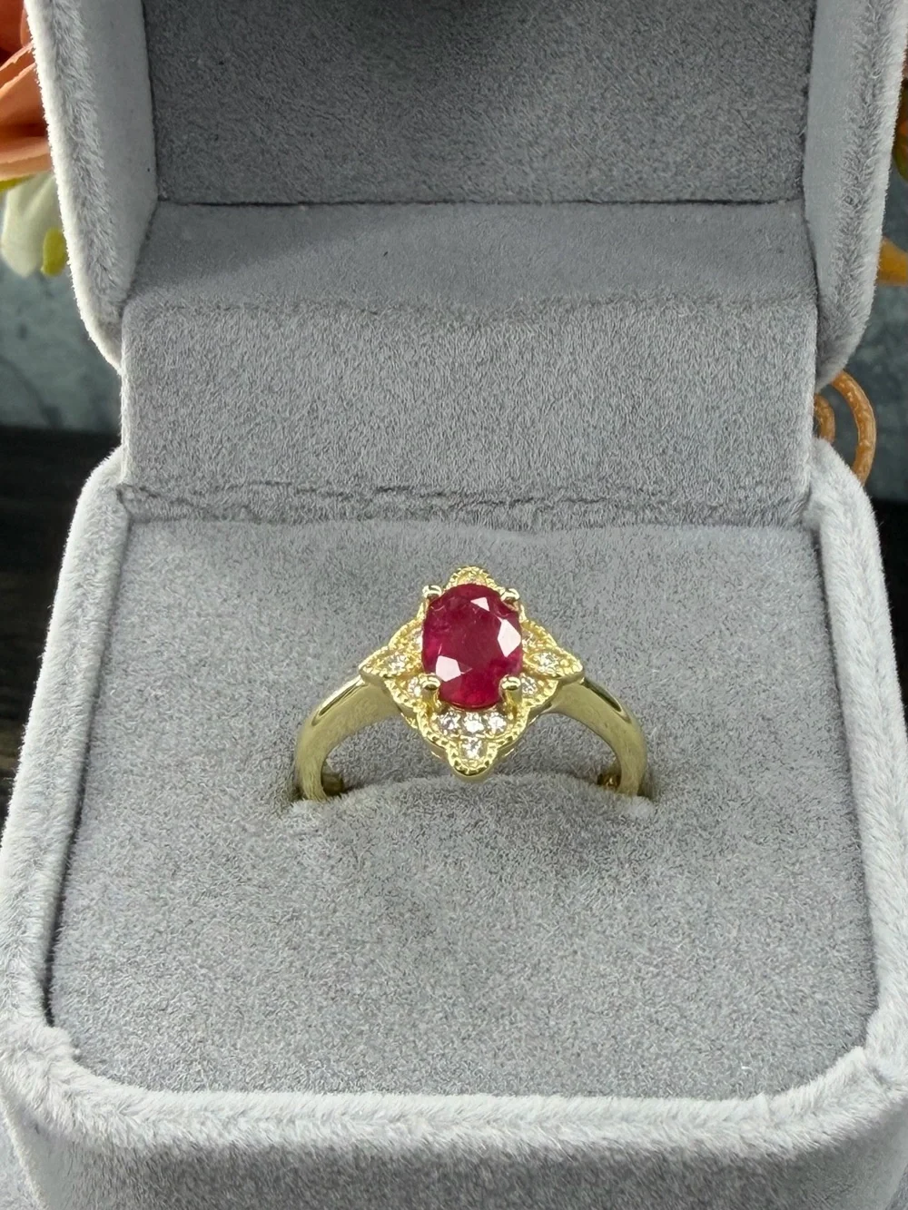 Stunning Natural 7x5mm Oval Ruby Zircon  accent in 14K Yellow GP Ring Size 6